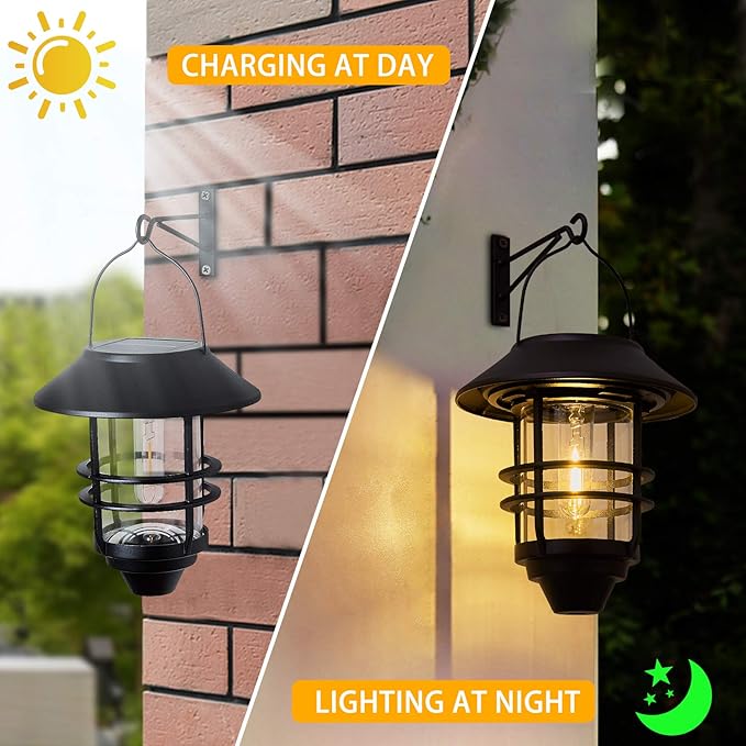 Solar Lantern Outdoor Lights Hanging Waterproof Lantern Lights with Wall Mount Kit for Garden Porch Fence 2 Pack