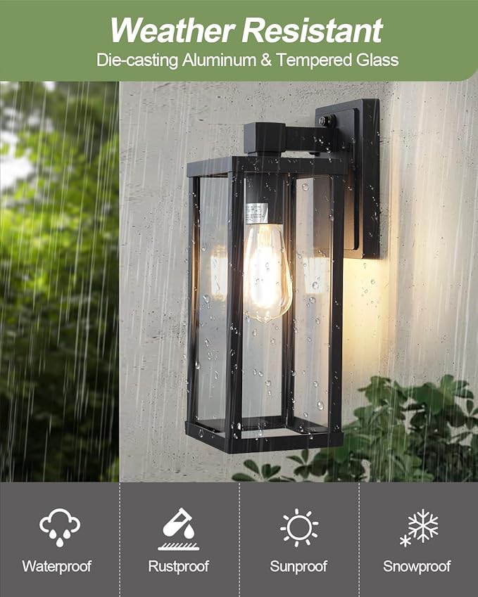 LITFIT 14'' Dusk to Dawn Outdoor Lighting Die-Casting Aluminum Exterior Wall Sconces Hardwired Black Outside Lighting for House Garage PorchFront Door Patio 2-Pack Bulbs Not Included