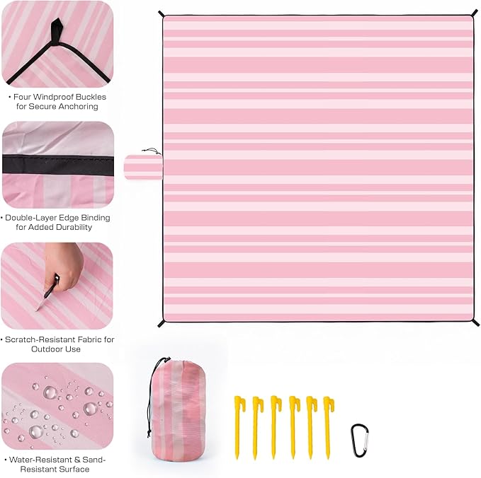 OIGAE Oversized Beach Blanket 9×10 ft Sand-Free Outdoor Mat for Groups Quick-Dry Picnic Blanket with Stakes &amp Corner Pockets Pink Stripe