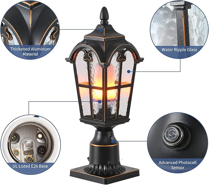 LONEDRUID Dusk to Dawn Outdoor Lamp Post Lights Waterproof Exterior Pole Lantern Lighting Fixtures with 3-Inch Pier Mount Base for Garden Patio Yard Pathway Driveway