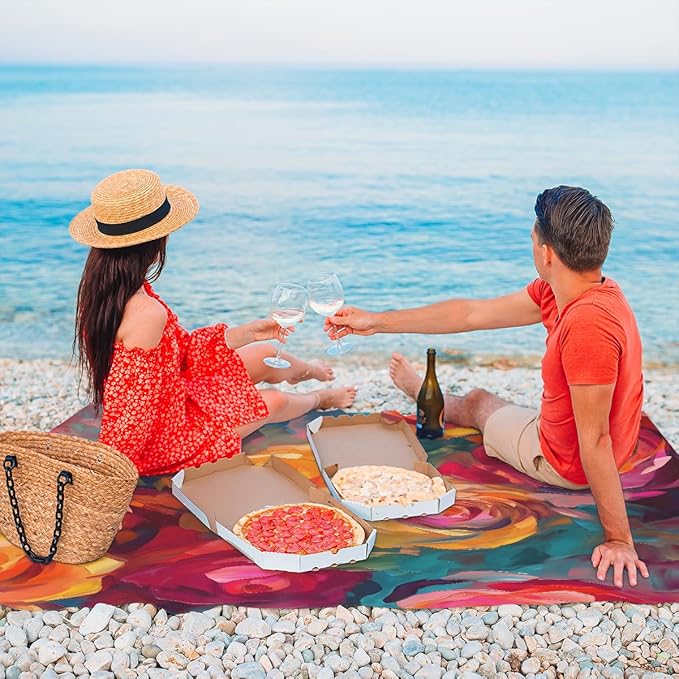 Waterproof Sandproof Beach Blanket 59''×68'' Oil Paintings Polyester Outdoor Picnic Blanket with 4 Stakes &amp Storage Bag for BeachCampingVacation Rose