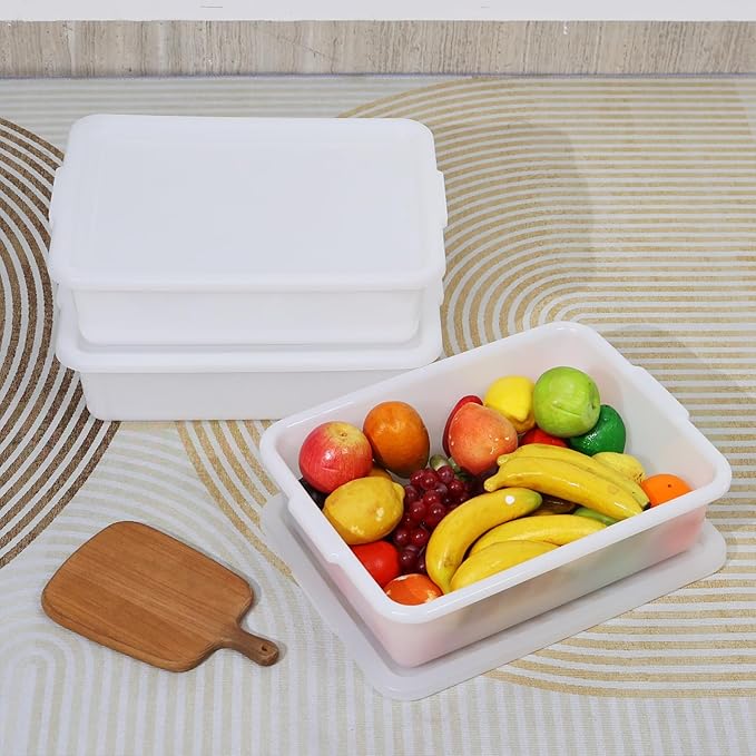 13 L Commercial Bus Boxes with Lids White Plastic Food Service Bus Tub 3 Pack