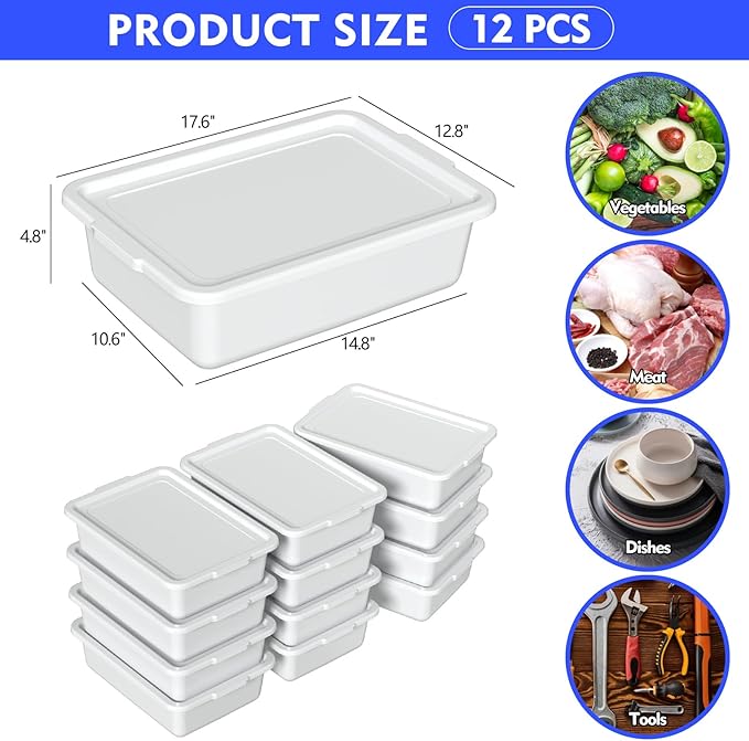 Yuright 12 Pack Commercial Bus Tubs with Lids 13 L Plastic Bus Boxes for Restaurant White
