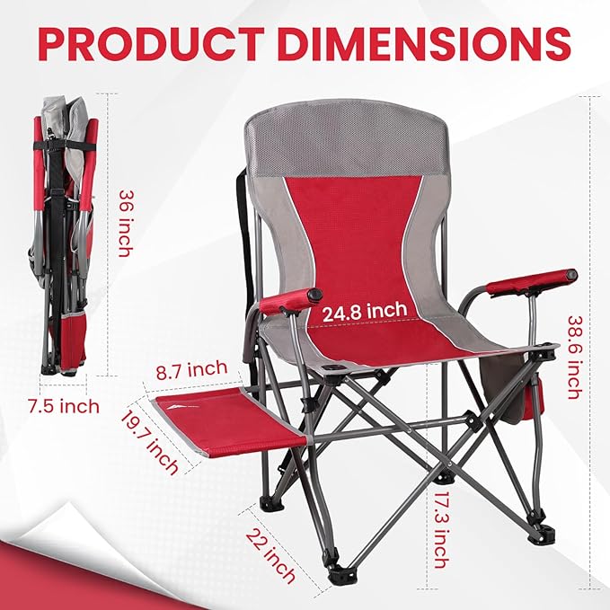 Ablazer Camping Chairs with Side Table Support 300 LBS Lawn Chairs for Adults Heavy Duty Folding Chairs for Outside Camping RV Trip (Red)