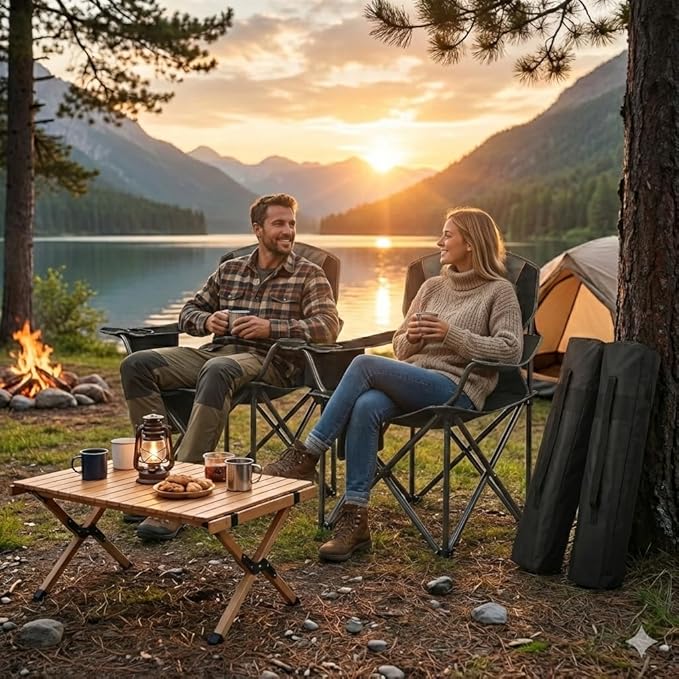 2 Pack Padded Oversized Camping Chairs for AdultsHeavy Duty Support 400 LbsFolding Portable Lawn Chair w/Cup HolderCooler BagSide PocketPerfect for Outdoor PicnicHiking(Black)