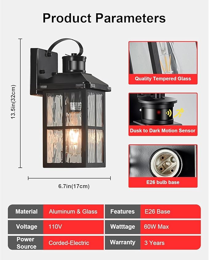 Porch Lights Outdoor 2 PackMotion Sensor Exterior Light Fixture with Dusk to Dawn Outdoor Wall Lights Modern Sconce Lights for House Patio Front Door Garage