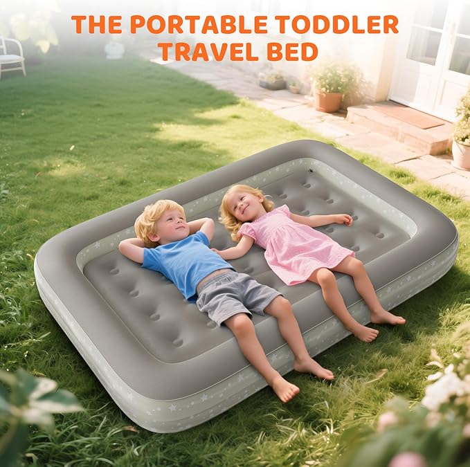 Inflatable Toddler Travel Bed: Portable Blow Up Travel Toddler Bed with Safety Sides - Toddler Air Mattress with Electric Pump ＆ Carry BagIdeal for Sleeping and Outdoor Camping (Beige 60)