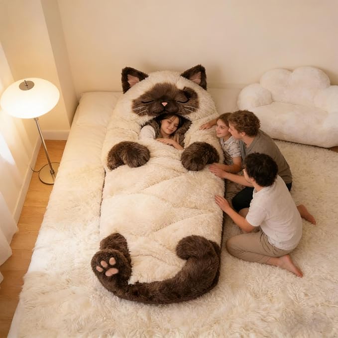 Cat Sleeping Bag for Humans - Plush Cat Print Envelope Sleeping Bag Giant Plush Envelope Design with Soft Flannel Lining Self Ca-t Plu-sh Sleep-ing Ba-g for Camping &amp Sleepovers