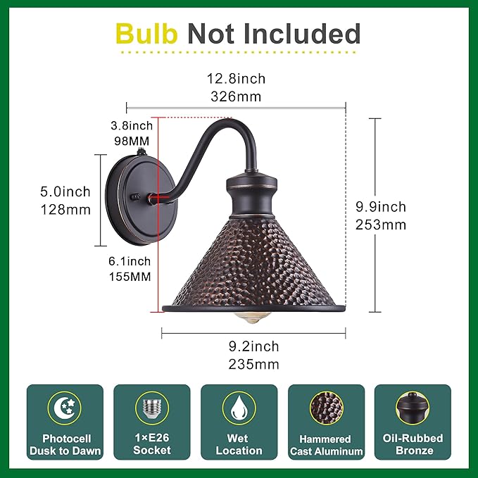 Dusk to Dawn Outdoor Gooseneck Wall Sconce with Dark Sky Cast Hammered Aluminum Shade in Oil Rubbed Bronze FinishAnti-Rust Waterproof Outdoor Light for Farmhouse Porch Garage1-Light E26