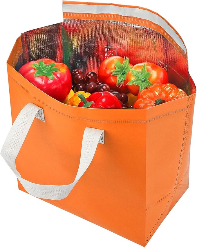 PATIKIL Insulated Take Away Bags 25 Pcs Insulation Cooler Bag Grocery Thermal Bags 11.8 x 7.9 x 12.6 Inch for Hot Cold Frozen Food Delivery Orange