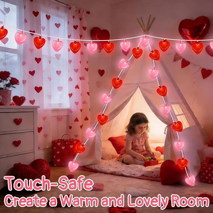 12Ft Red Pink Heart String Lights Valentine's Day Decorations Lights Outdoor Waterproof with 20 LED Clear Heart Light with Glitter for Home Door Fireplace Windows Fence Valentines Day Party Decor