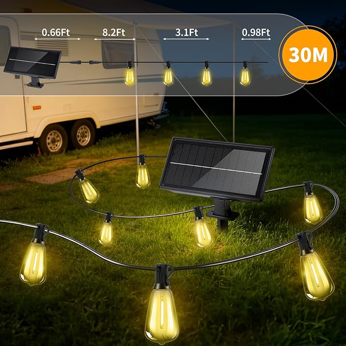 Outdoor Solar String Lights Waterproof: ST38 100ft Shatterproof Patio Lights - Solar Powered &amp USB Dual Charging - 3 Modes Button Control - Garden Backyard Gazebo Porch Party Decor