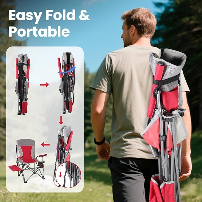 Ablazer Camping Chairs with Side Table Support 300 LBS Lawn Chairs for Adults Heavy Duty Folding Chairs for Outside Camping RV Trip (Red)