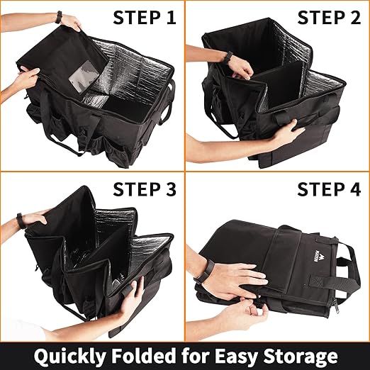 MATEIN Insulated Food Delivery Bag XXXL Thermal Catering Bag for Hot &amp Cold Food Water-Resistant Foldable Pizza Delivery Carriers for Transport with 4 Cup Holders &amp Reinforced Bottom Black
