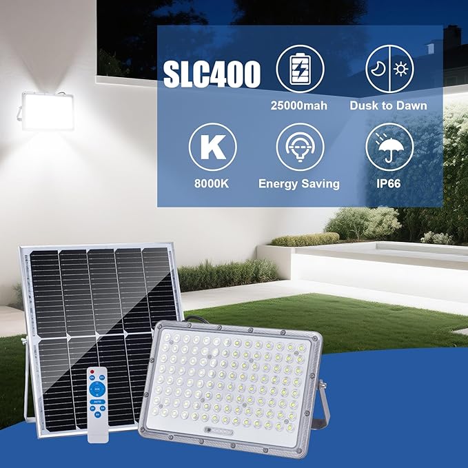 400W LED Solar Flood Lights 25000MAH 8000K Street Flood Light Outdoor IP66 Waterproof with Remote Control Security Lighting for Parking Lot Yard Garden Swimming Pool Pathway