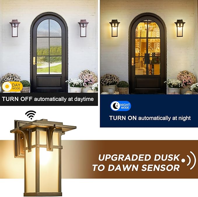 Oil Rubbed Bronze Porch Light Fixtures Wall Mount Dusk to Dawn Outdoor Sconce Waterproof Aluminum with Frosted Glass Exterior Lantern Modern House Lighting for Outside