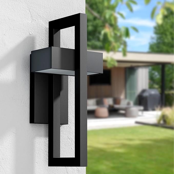 Krychiler 16.5 Inch Contemporary Outdoor Wall Lights with 3000K Integrated LED 2 Packs Matte Black Metal Modern Exterior Lighting Fixtures Outside Wall Mount for House Porch Patio Garage Front Door