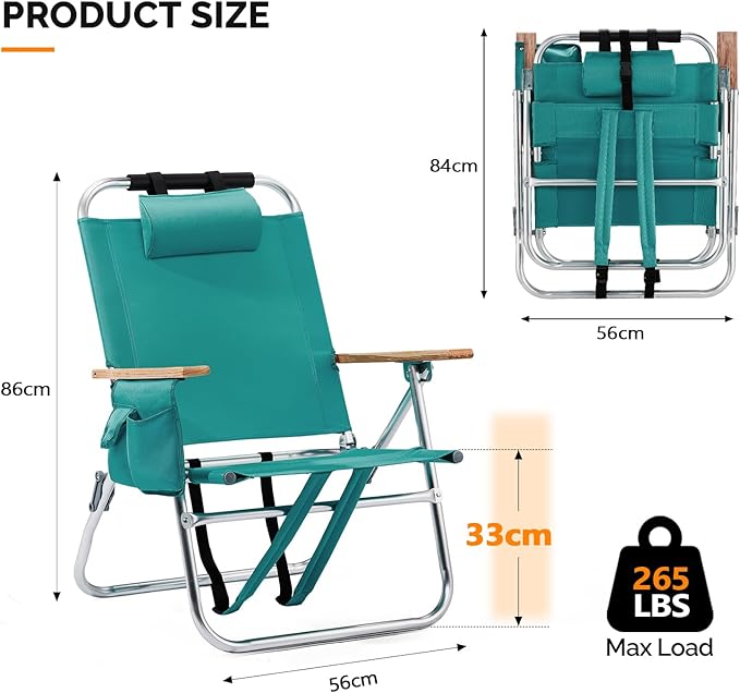 VINGLI Aluminum 13 Backpack Beach Chair – Tall Beach Chairs for Adults Portable with Adjustable Straps 3-Position Reclining Cup Holder High Lightweight Beach Chairs for Beach