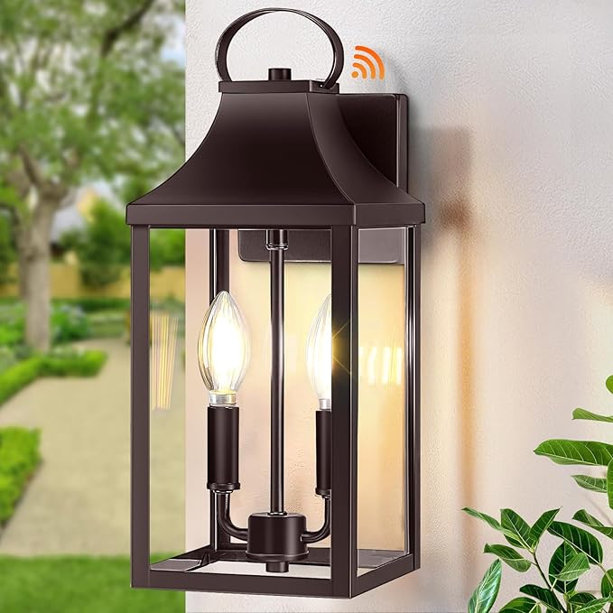 15 Dusk to Dawn Outdoor Wall Lantern 2-Light Outside Modern Wall Sconce Light Fixture Industrial Porch Light Wall Mount with E12 Sockets Waterproof Exterior Lamp Lighting Brown