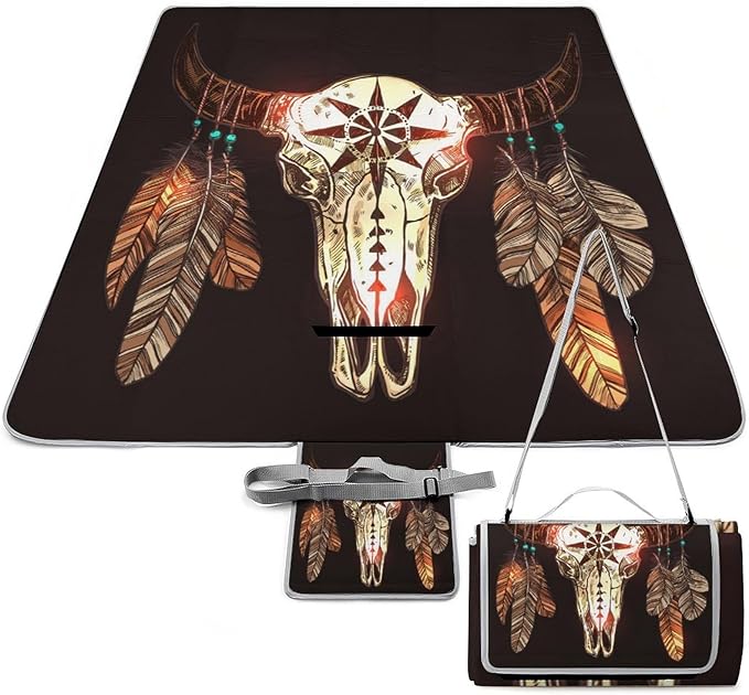 Western Country Aztec Sunflower Cow Bull Skull Waterproof Outdoor Picnic Blanket Sandproof Beach Mat for Camping Hiking Grass Travelling