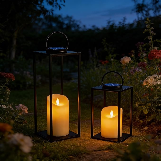 Set of 2 Large Solar Lanterns Outdoor Lighting 18 &amp 11 Inch - Black Metal Waterproof for Porch Patio Garden Decor Farmhouse Style All Year Round with Solar Candles