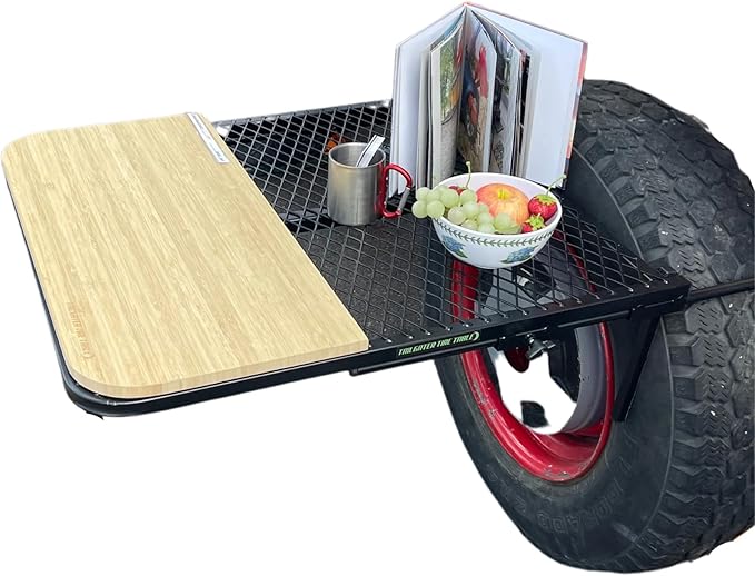 Tire Table with Included Bamboo Cutting Board and/or Carrying Bag Aluminum or Steel Small Medium or Large Sizes Installs in Seconds Check Bullets for Dimensions and Compatibility