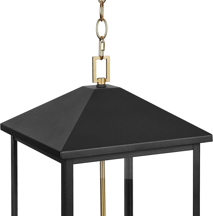 LamQee 21.2'' Large Outdoor Pendant Light Fixtures 3-Light Modern Black Exterior Ceiling Hanging Lantern with Gold and White Candle Outside Chandelier Lighting for Front Porch Entryway Patio Gazebo