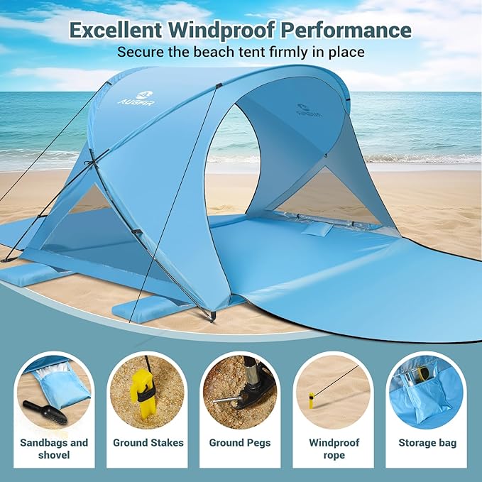 Beach Tent Sun Shelter Beach Tent with Beach Mat Set 4 Person Portable Beach Shade Canopy with UPF 50＋ UV Protection Dual-Door Ventilation Design Easy Setup Family Beach Umbrella (Blue)