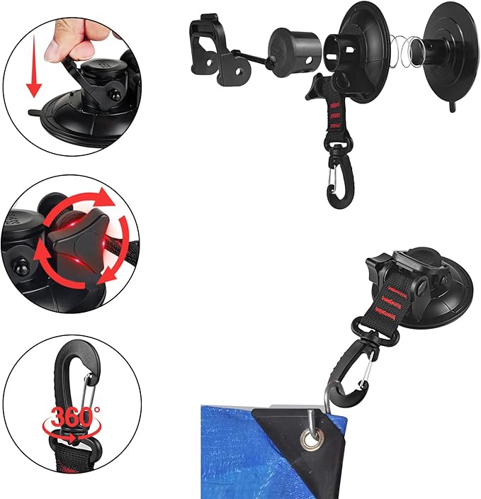 Vashly Heavy Duty Suction Cup 6 Pcs Strong Suction Cups with Hooks and 6 Pcs Tarp Clips Deavy Duty Lock Grip for Car Awning Boat Camping