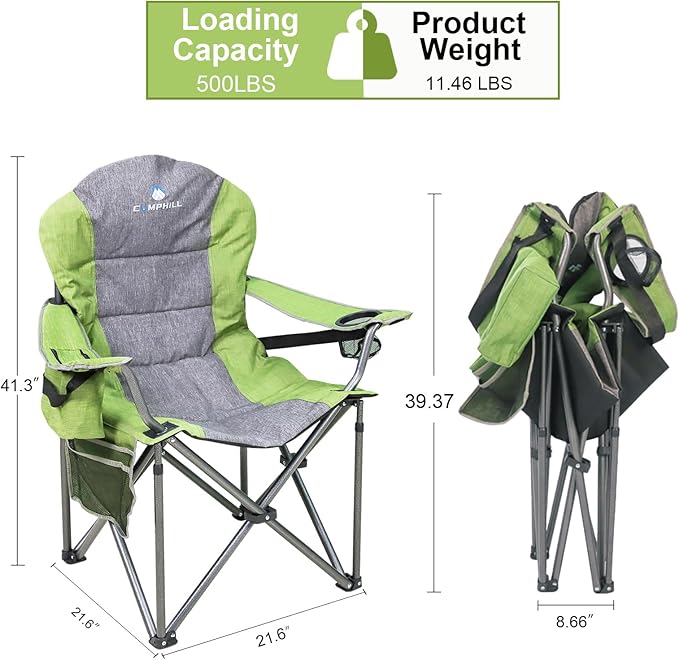 Northroad Oversized Portable Camping Chair Full Padded Outdoor Folding Chair Support 350 LBS Heavy Duty Lawn Chair with Cup Holder Cooler Bag Lumbar Support Head Pocket for Adult (Green)