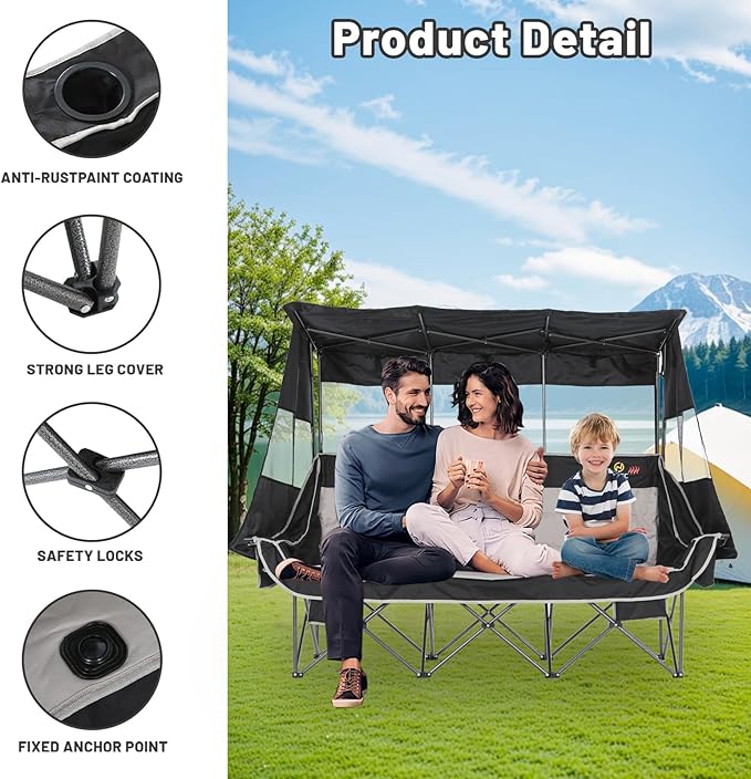 Nice C Heated 3 Person Camping Chair with Canopy Heated Double Camping Chairs with Battery Portable Oversized Padded Sports Umbrella Chair with Shade Cup Holder Cooler Bag for Lawn Outdoors