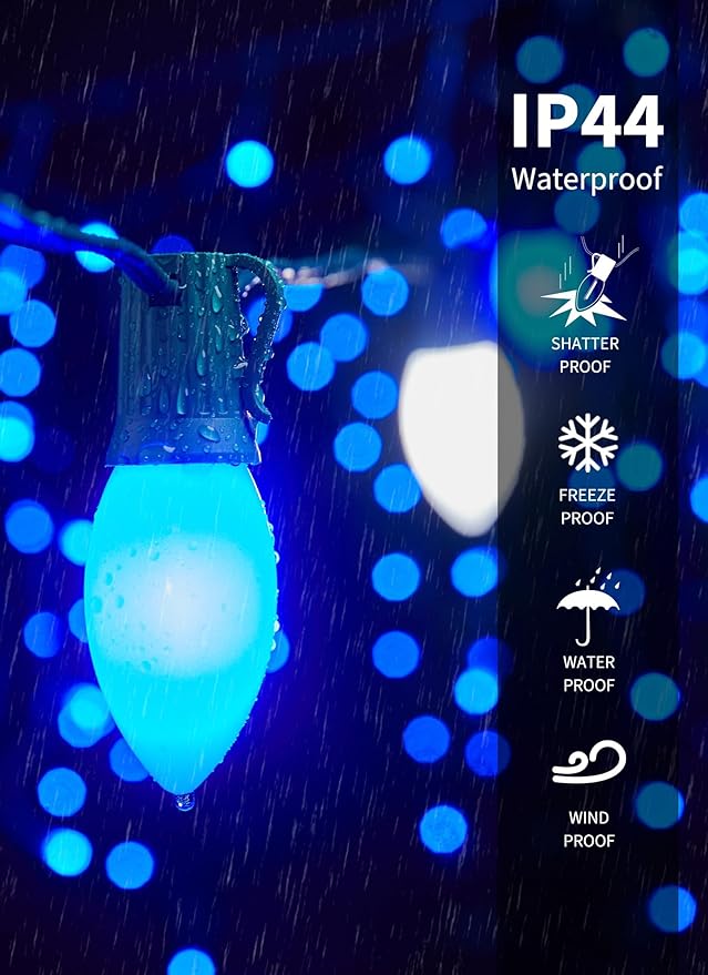 Vintage C9 LED Christmas Lights Outdoor 150 Feet C9 String Light with 75 Shatterproof C9 Bulbs Waterproof Connectable Christmas Tree Lights for Outside Roofline Patio Xmas Decor Blue &amp Pure Whi