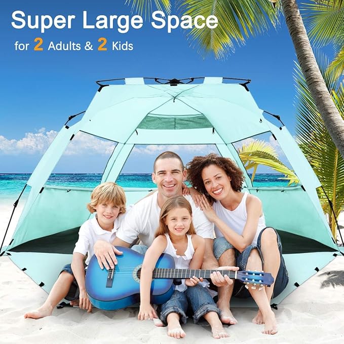 WhiteFang Deluxe Pop Up Beach Tent Sun Shade Shelter for 3-4/5-6 Person UV Protection Extendable Floor with 3 Ventilating Windows Plus Carrying Bag Stakes and Guy Lines