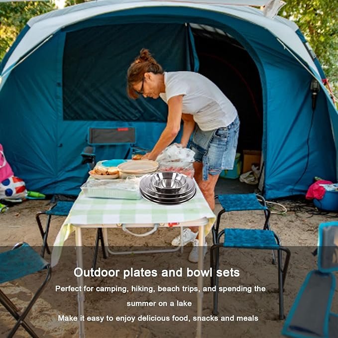 12pcs Stainless Steel Camping Dinnerware Set Outdoor Dinnerware Set Camping Plates Bowls Set with Storage Bag for Backpacking Hiking Picnic &amp BBQ