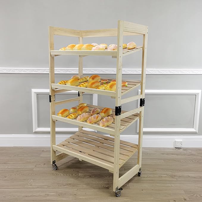 FixtureDisplays® 4-Tier Bakery Bread Rack with Angled Shelves Wooden Display Rack Bread Store Rack 30X18X55 101143