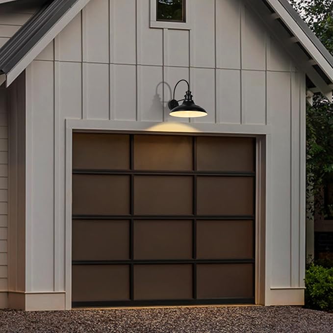 Dusk to Dawn Sensor Outdoor Barn Light Fixtures 12.3 Inch Dome Farmhouse Outdoor Wall Sconces Exterior Wall Mount Lights Industrial Black White Wall Lanterns for Porch DDRZ004-4 BK+WH