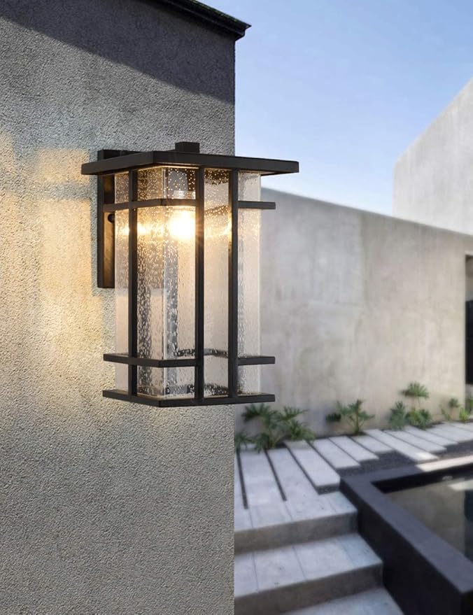 Rustic Dusk to Dawn Outdoor Wall Light Fixture 13.8H Waterproof Exterior Wall Sconces Black Metal with Seeded Glass Sensor Outdoor Wall Lantern for House Patio PorchEntrywayGarage Wall Lamps