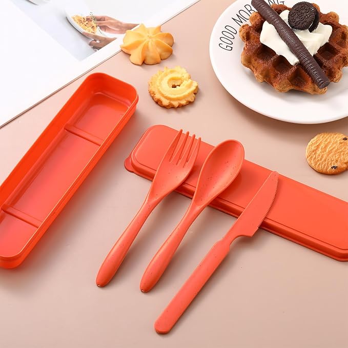 Jinei 50 Sets Reusable Travel Utensils Set with Case Wheat Straw Cutlery Portable Spoon Knife Forks Lunch Box Accessories Friendly Tableware for Kids Adults Camping Utensils(Orange)