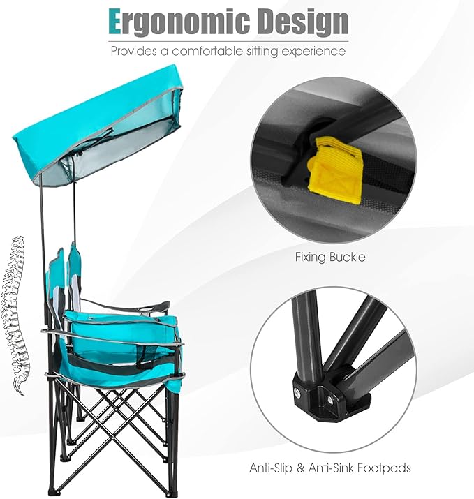 Tangkula Loveseat Camping Chair with Adjustable Shade Canopy Portable Beach Chair with Cooler Bag 2 Cup Holders Carrying Bag Foldable Double Lawn Chair for Travel Fishing Picnic (Navy)