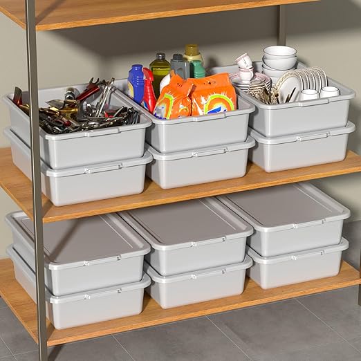 13 L Small Commercial Bus Tubs with Lids Plastic Bus Tub Tote Box with Lid Light Gray 12 Packs