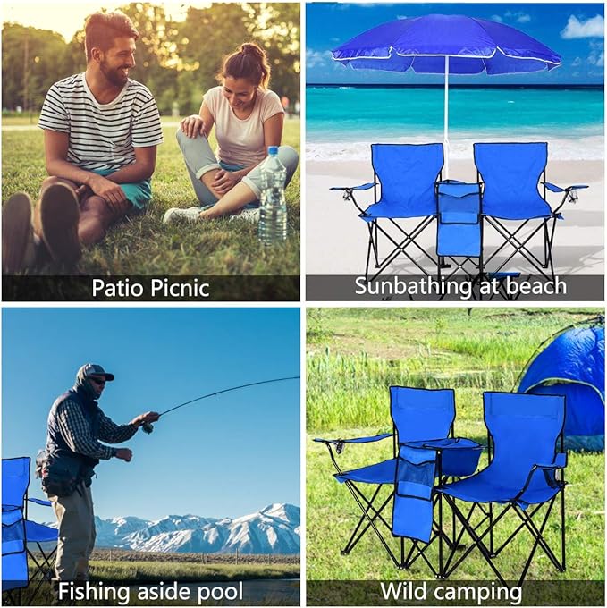 Goplus Double Camping Chair with Umbrella Folding Loveseat Chairs w/Canopy Shade Carrying Bag Table Cup Holder Portable Beach Chairs Outdoor Picnic Patio (Blue)