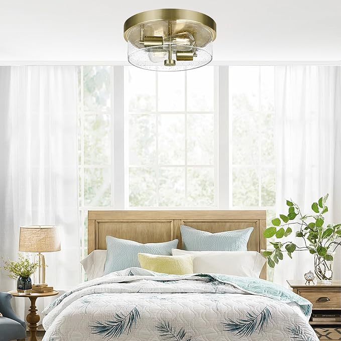 Flush Mount Ceiling Light Fixtures 2-Light Brass Ceiling Mount for Farmhouse with Seeded Glass Lampshade Industrial Hall Flush Mount Light Fixture for Hallway Kitchen Entryway Bedroom and Foyer