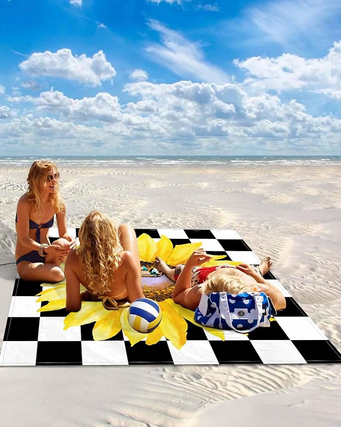Beach Blanket Waterproof Sandproof Watercolor Sunflower on Checkered Quick Drying Beach Mat with 4 Stakes Yellow Black White Lightweight Picnic Blanket for Travel Camping Outdoor 95x80