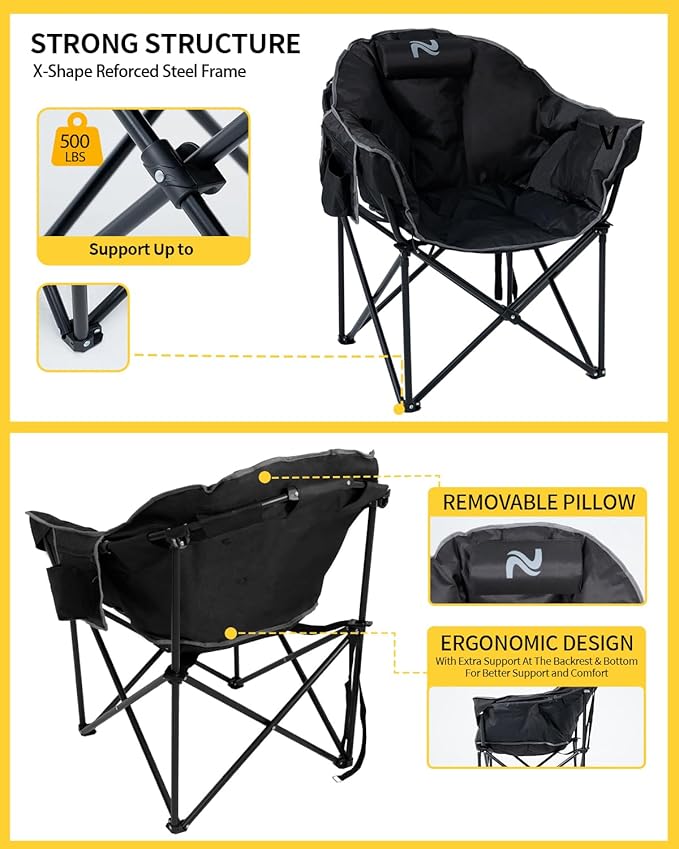 NAIZEA Heated Camping Chair Oversized Heated Folding Outdoor Chair for Adults with 3 Heat Levels Portable Foldable Patio Lounge Chair for Sports Outdoors Camp Battery NOT Included