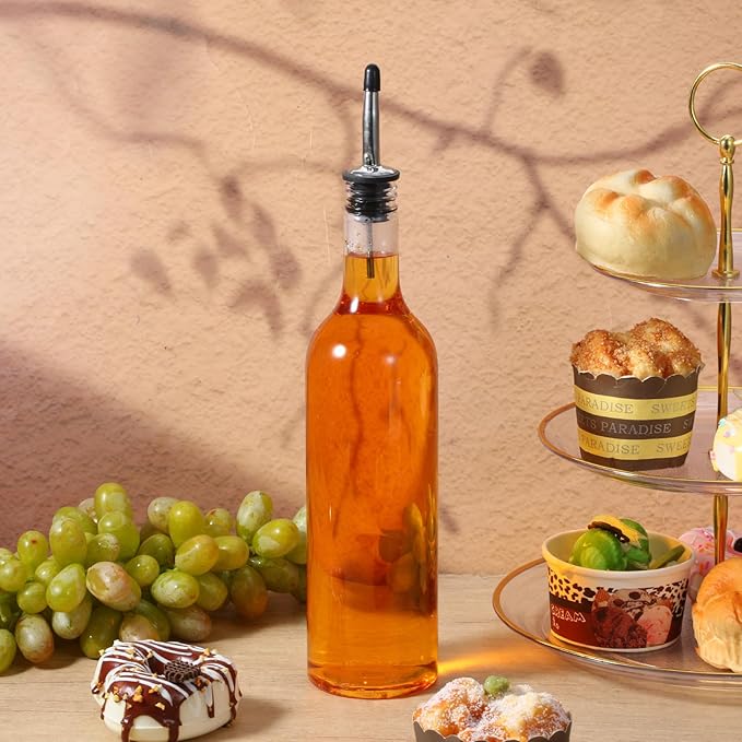 8 Sets 25 oz Plastic Liquor Bottles Long Neck Syrup Juice Bottles with Pourer and Caps Plastic Leakproof Pour Container with Stainless Steel Pourer Tapered Spout for Home Party Bar