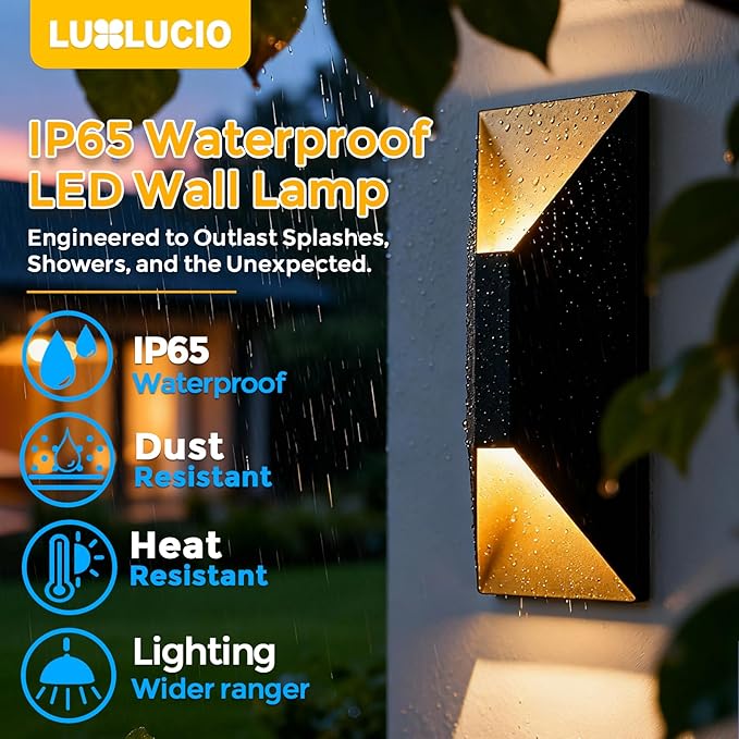 2Pack 13.3 inch Black&ampGold Modern Outdoor LED Up-Down Wall Sconce 5CCT 2700K-5000K Dimmable 12W IP65 Waterproof 120V-277V ETL FCC Certified CRI90+ Porch Light for Garage Patio Door