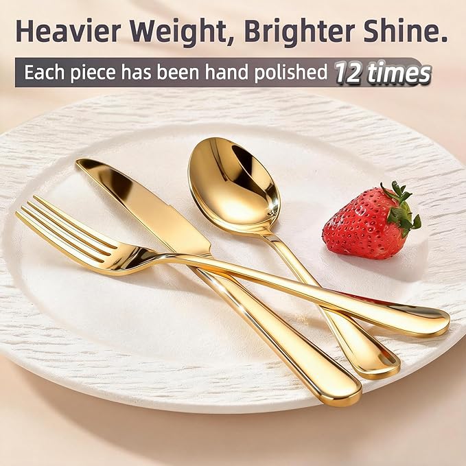 60 Piece Gold Silverware Set for 20 18/0 Stainless Steel Heavy Forks Spoons and Knives Set Mirror Finish Gold Flatware Dishwasher Safe for Family Picnics Daily Gatherings