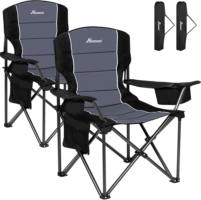 Romswi Oversized Camping ChairsHeavy Duty Support 500 LBSPadded Back &amp Arm Sport Chairs Cup Holder Cooler Bag Collapsible Folding Chairs for Outdoor Fishing &amp Garden Black2-Pack