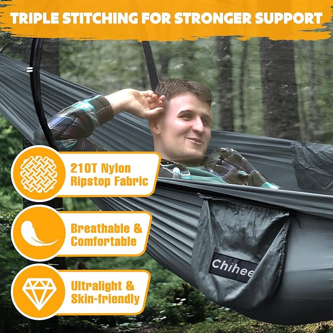 Chihee Ultra-Light Travel Camping Hammock Pop-up Net Hammock 660lbs Load CapacityBreathableQuick-Drying Parachute Nylon 2 Premium Carabiners2 Tree Slings Included for Outdoor Backpacking Hiking