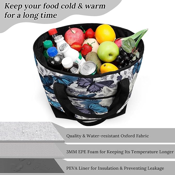 Insulated Shopping BagLarge Reusable Cooler Bags Blue Butterfly And White Cat Printed Foldable Shopping BagTravel Waterproof Shoulder Bag
